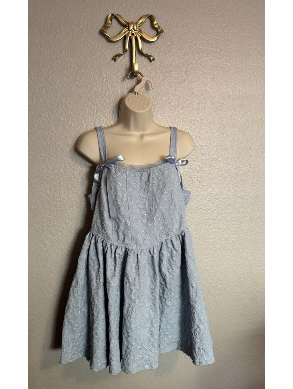Trixxi Women's Light Blue Floral Jacquard A-Line Dress with Bows, Size Large